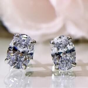 Sterling Silver Oval Cubic Zircon Stud Earrings, Wedding, Bridal, Anniversary